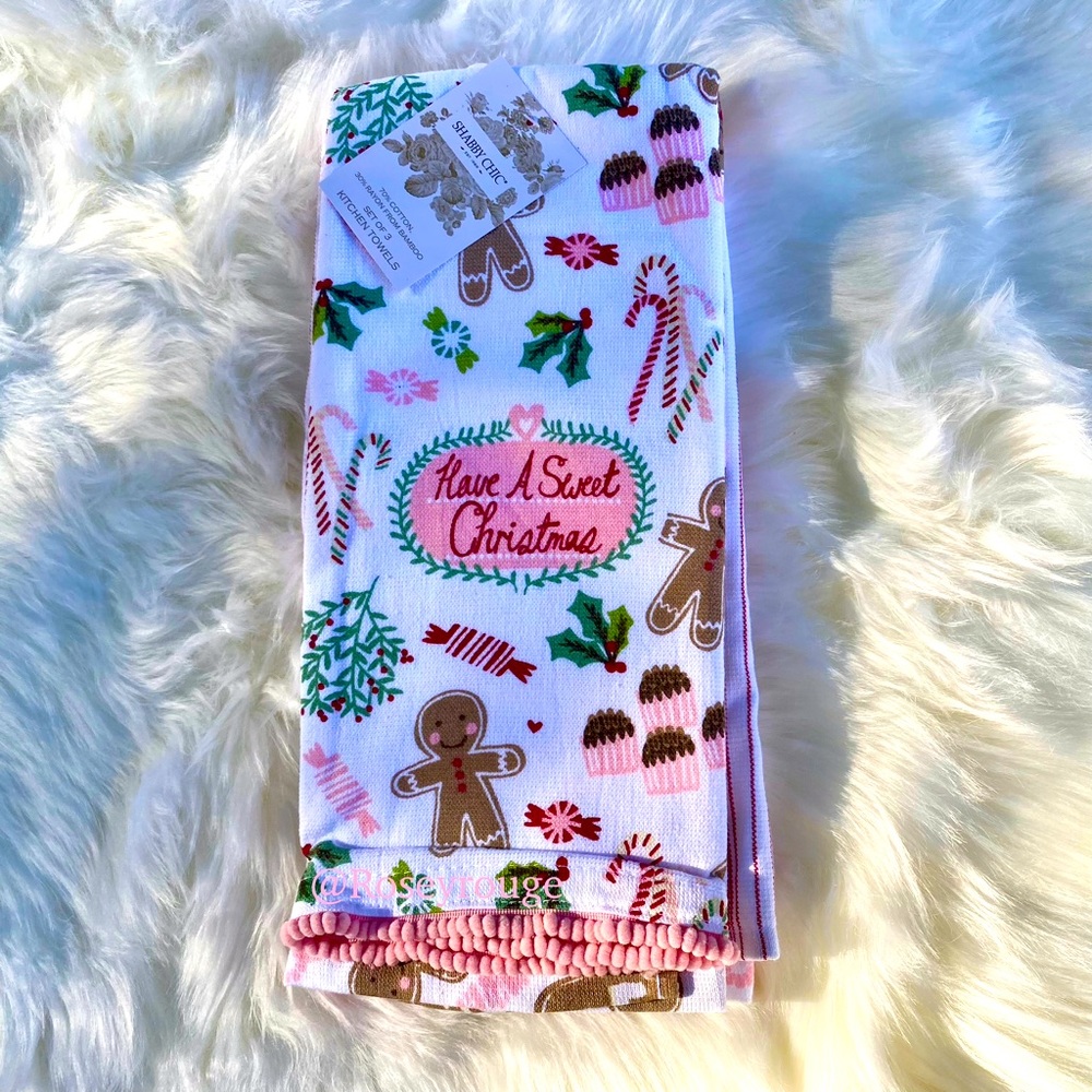 NWT New Shabby Chic Gingerbread Kitchen Towels - Pink, Red, Green Set of 3